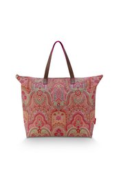  Large red and pink paisley print tote bag with brown leather handles and trim.