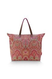 Large red and pink paisley print tote bag with brown leather handles and trim.