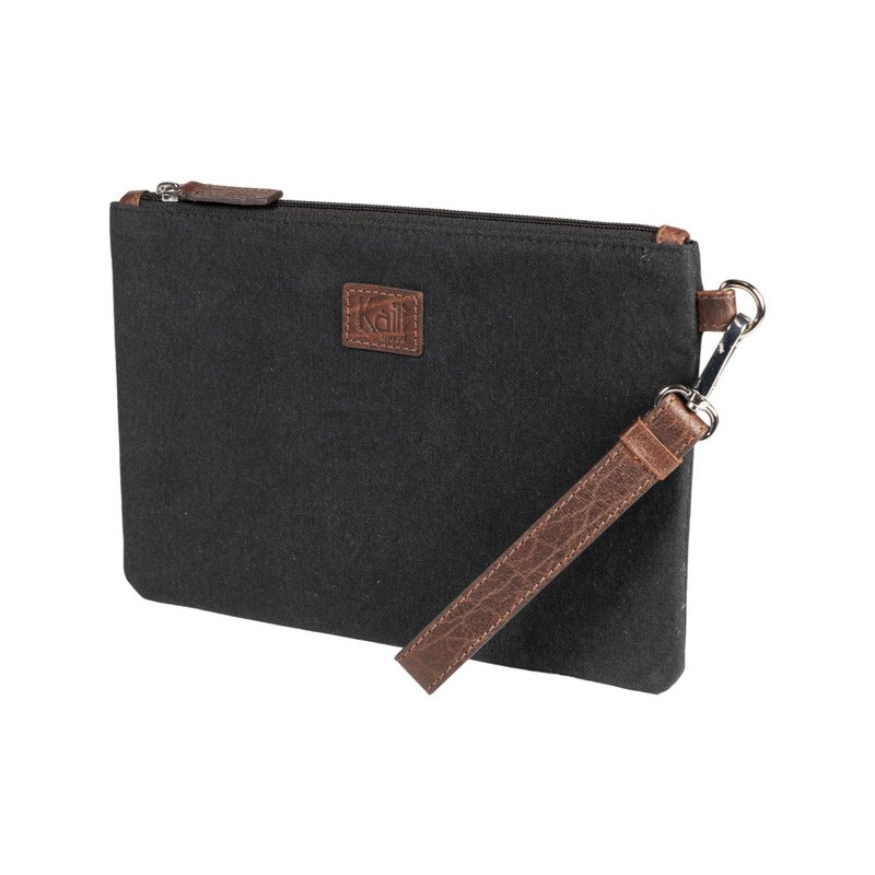 K0027AB | Wrist Pouch in Canvas/Genuine Full Grain Volanata Leather - Color Black/Dark Brown - Polished Nickel Accessories. Dimensions: 25.5 x 17.5 x 1 cm - Packaging: Tnt bag