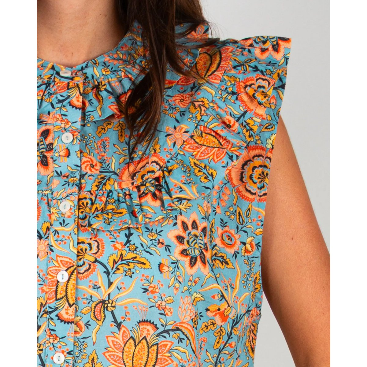 La blouse femme sans manches à volants Lolem bleu