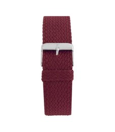 Burgundy red woven strap watch with silver-tone hardware.