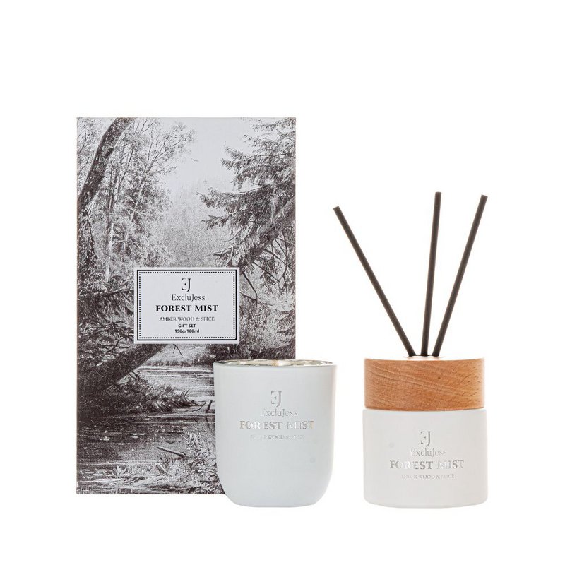 Forest Mist Geschenkset Duftstäbchen & Kerze - Amber Wood & Spice