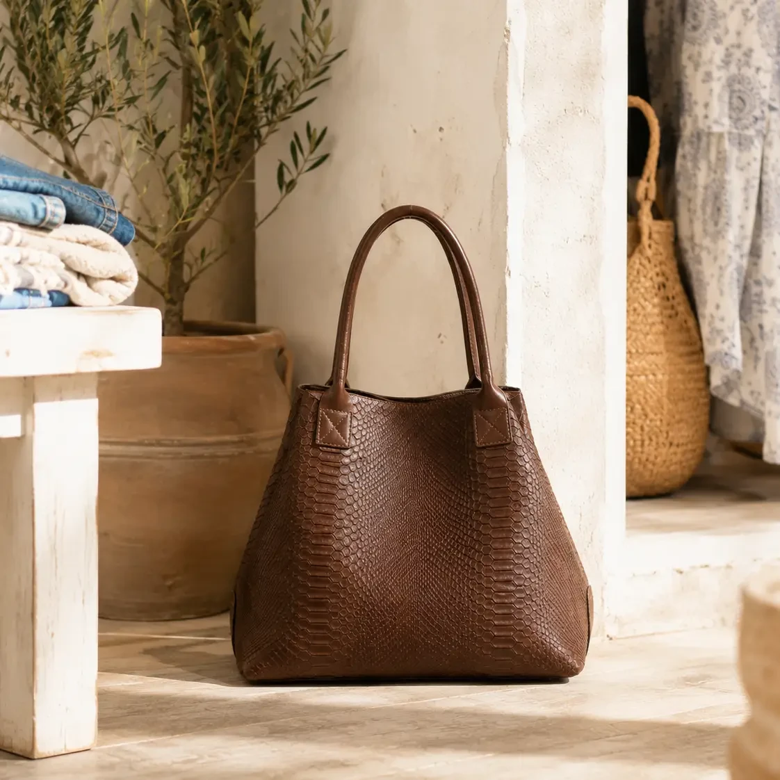 LOLA – Italian python-embossed leather bag – Brown