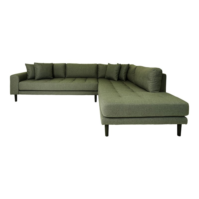 Lido Corner Sofa With Open End - Olive Green Velvet, Black Wood Legs, right-facing, 220x257x76 cm