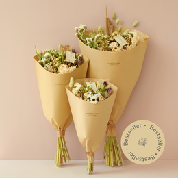Dried flower bouquet in natural colors and textures, including dried flowers, grasses, and other natural elements. Available in large, medium, and small sizes.