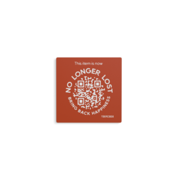 Square stickers in various colors including dark blue, rust brown, light grey, off-white, dark grey, and yellow. The stickers measure 45 mm x 45 mm and feature a QR code design.