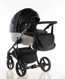 A black pram with a large canopy and a storage basket underneath. The pram has large wheels and appears to be a high-quality, deluxe model.