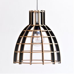 A semi-black cone-shaped pendant light with a wooden frame and a minimalist, geometric design. The light fixture is suitable for use in pendant lighting applications.