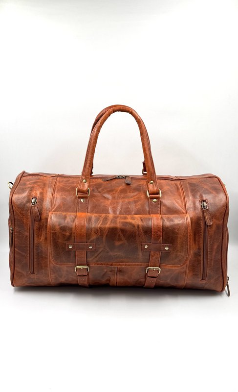 Håndlavet marokkansk rejsetaske i læder – Artisan 6-lommers "Brick Brown" duffel med dedikeret skorum