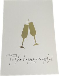 Gold foil greeting card with two champagne glasses and the text "To the happy couple!"