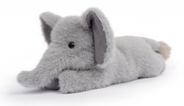  Gray plush elephant cuddly toy, soft material, lying position, floppy ears, child-friendly plushie.