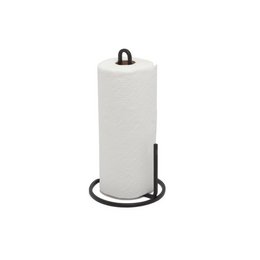  White cylindrical paper towel holder with black metal stand and handle, modern kitchen design.