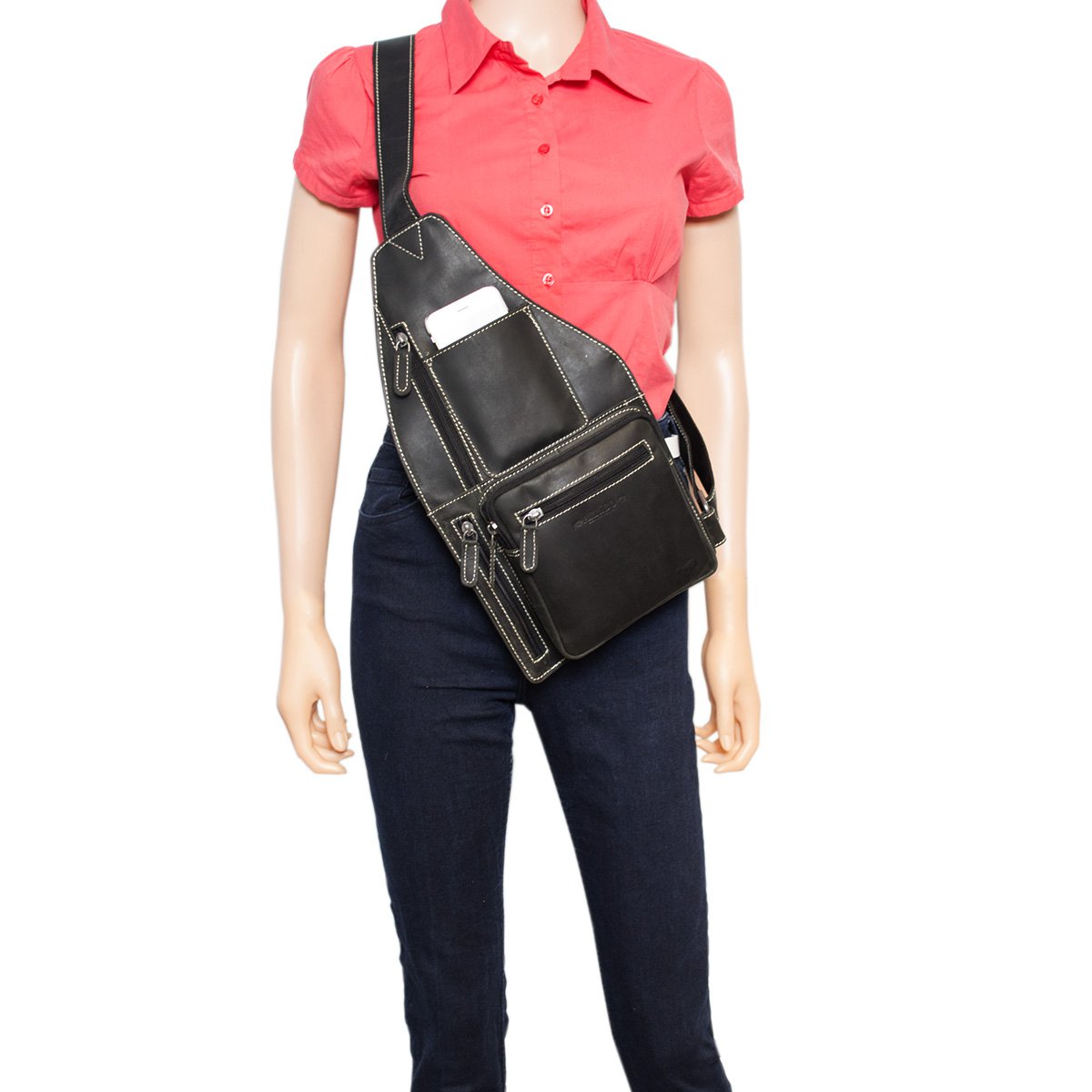 Bolso bandolera en 3 colores de piel de búfalo con bandolera regulable y 5 compartimentos con cremallera
