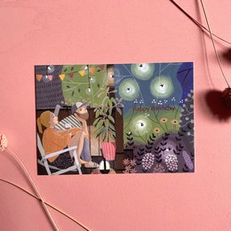 Colorful birthday postcard with whimsical illustrations of flowers, plants, and a person.