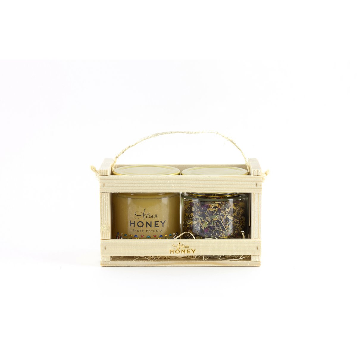 Blossom honey 300 g + herbal tea 35 g in a wooden gift box