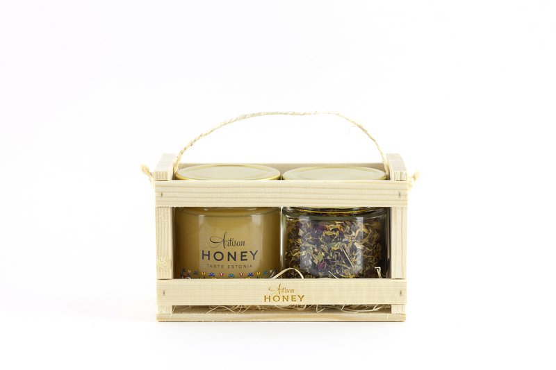Blossom honey 300 g + herbal tea 35 g in a wooden gift box