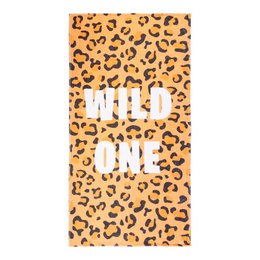 Vibrant leopard print beach towel with "WILD ONE" text. Made of soft, absorbent material for comfortable use at the beach or pool.