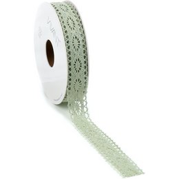 A 10m x 20mm ribbon in a nile/light olive color with a delicate lace-like pattern.