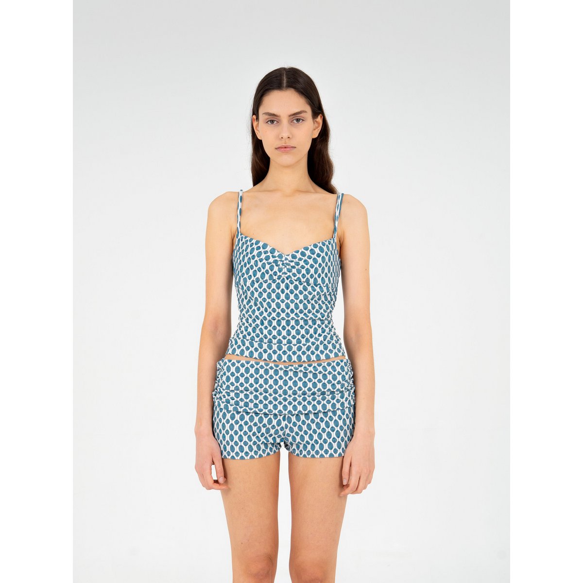 Blaues Craft-Jersey-Top mit Rüschen