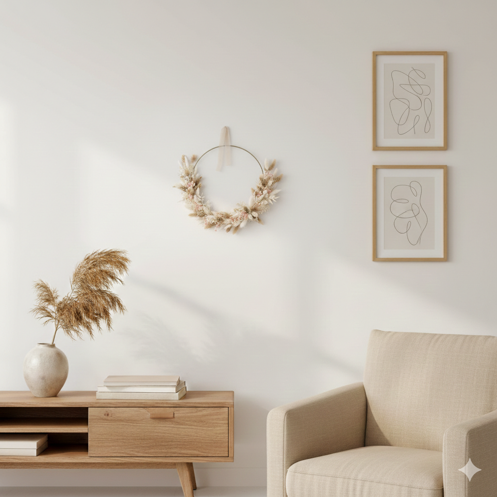 Delicate flowers: dried flower wreath in beige with a gold ring