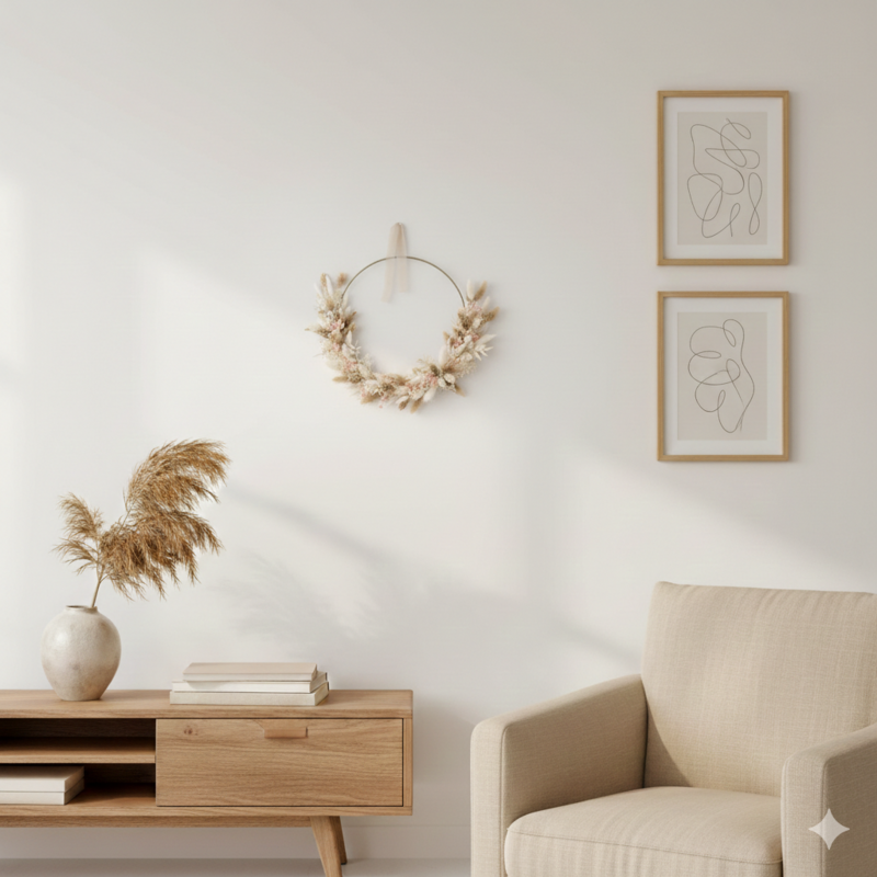 Delicate flowers: dried flower wreath in beige with a gold ring