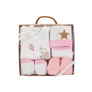 SET 5 PCS(SHIRT+PANTS+GLOVES+BIB+SOCKS)FOR NEW BORN (0-6MONTHS)-100%COTTON-MOD. ELEFANTE - PINK