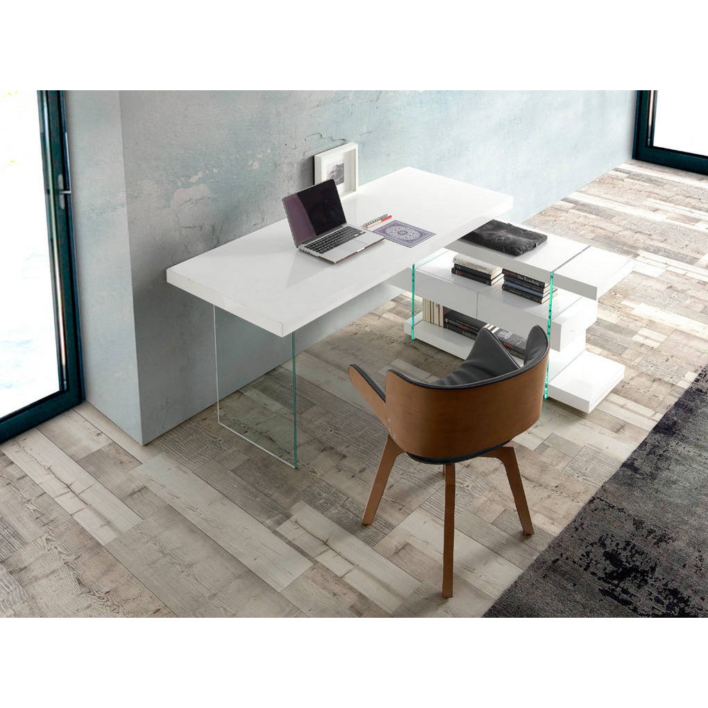 White wooden desk and tempered glass
