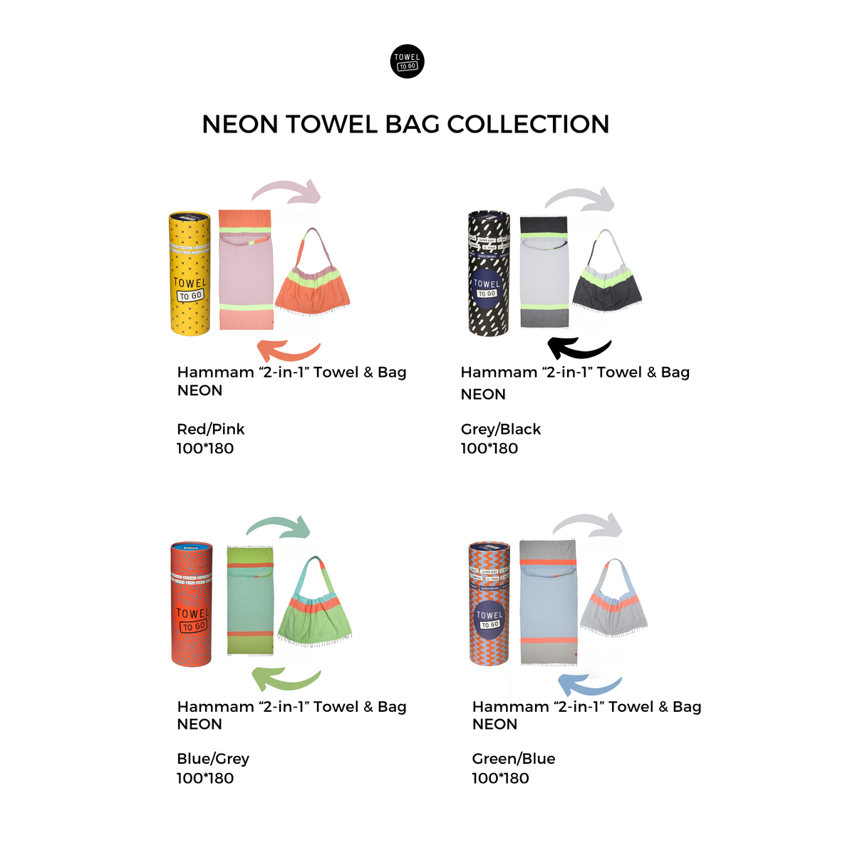 TOWEL TO GO NEON Telo mare e borsa 2 in 1 in cotone riciclato 180x100 cm | Asciugatura rapida | Grigio/Nero | con confezione regalo