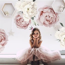 Large pink and white floral wall stickers with a soft, romantic aesthetic. The stickers feature a mix of peony and rose blooms in shades of pink and white, creating a beautiful and decorative accent for any wall.