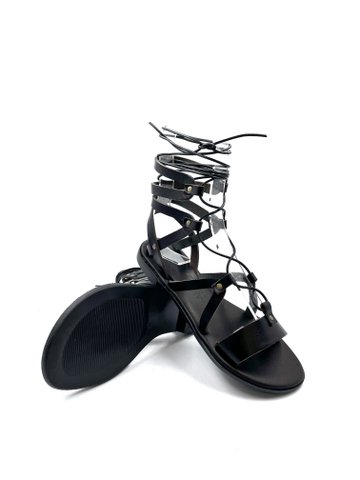 Zwarte Lace Up Gladiator sandalen voor dames, zwart lederen damessandalen, handgemaakte Griekse sandalen van echt leer, zwart geregen gladiatoren