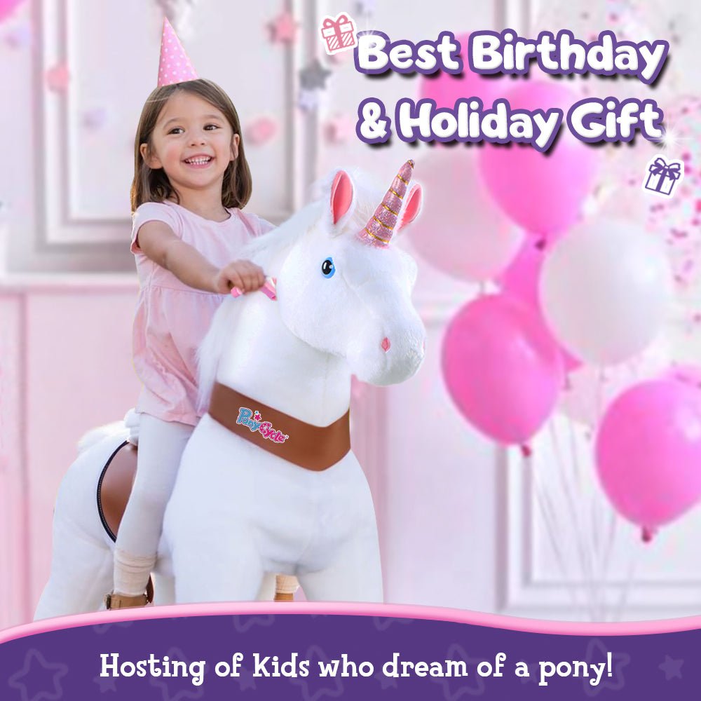 PonyCycle Official Classic Ride on Toys Modèle U Licorne blanche, rose et violette - avec frein et son