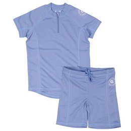 Blue UV protection kids bathing suit set, short sleeves, two-piece swimwear, lightweight material.