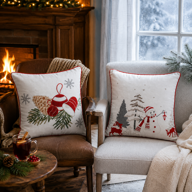 Kerstkussenhoes Duo, Bells & Sneeuwpop+Gratis Vulling