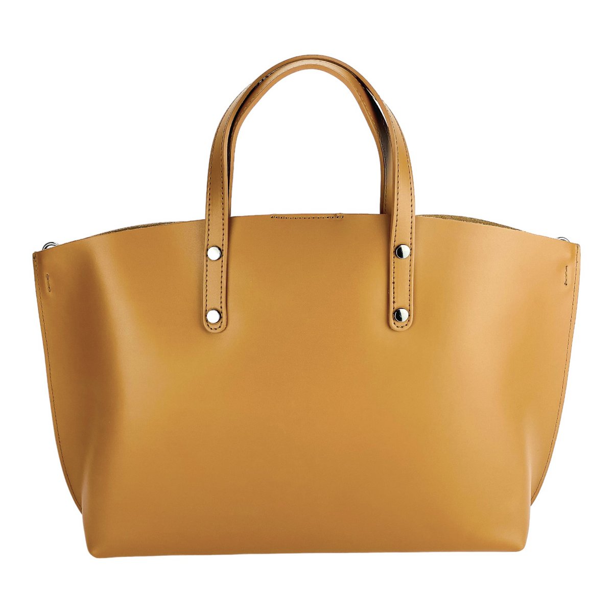 RB1024S | Borsa Donna a Mano in Vera Pelle Made in Italy con tracolla removibile. Sacca grande interna estraibile. Accessori Canna di Fucile Lucido - Colore Cognac - Dimensioni: cm 48x31x11