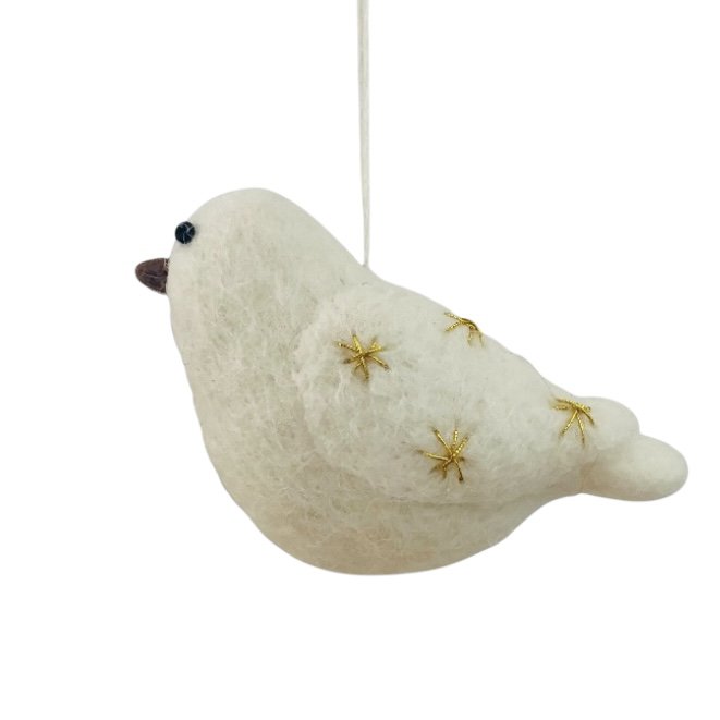 Ornamento da appendere per uccello Luna-Leena - bianco sporco e oro - feltro di lana - fatto a mano in Nepal