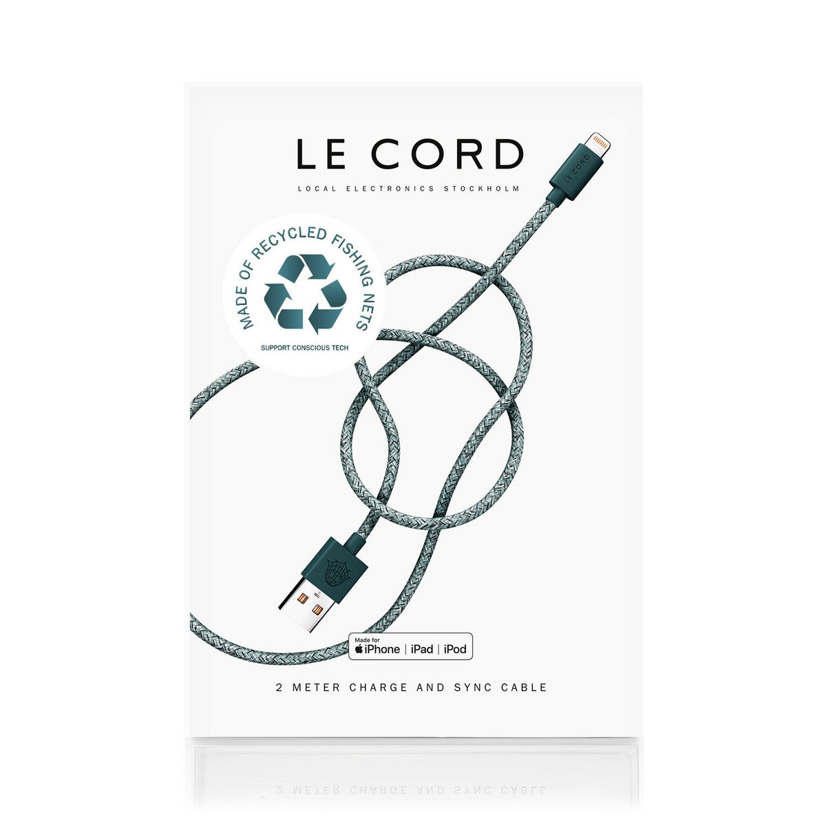 Cable iPhone Lightning verde · 2 metros · Fabricado con redes de pesca recicladas
