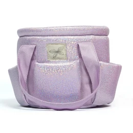  Lilac-colored diaper bag with multiple pockets and compartments for storage and organization.