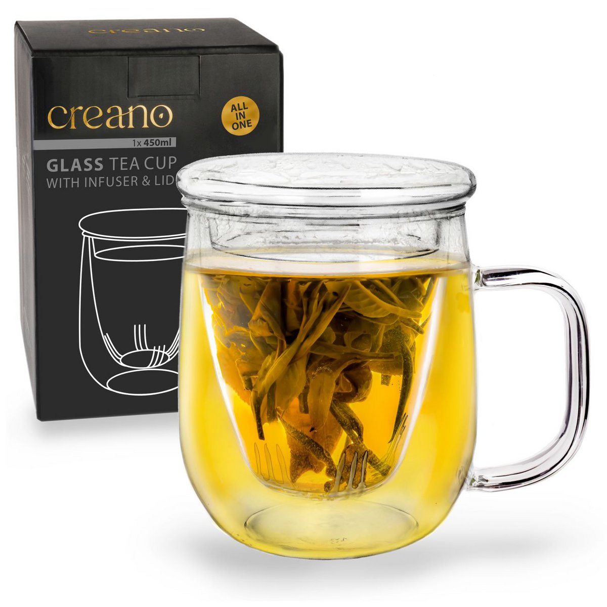 Creano Teeglas mit Sieb und Deckel 450ml