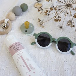 Olive-white round kids sunglasses with UV protection