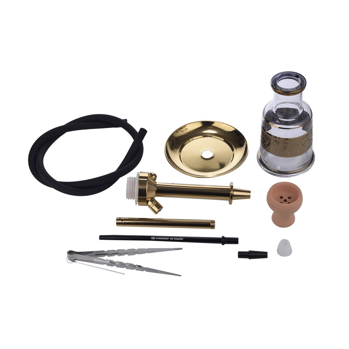 Kompletny zestaw do sziszy Chicha z wężem silikonowym, misą ceramiczną, szczypcami, ustnikiem, szklaną podstawą Kompletny zestaw do sziszy Modern Gold