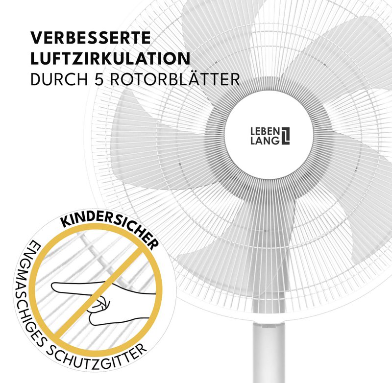 LEBENLANG Standventilator mit Fernbedienung - 3510m3/h & LED-Display & 5 Modi I Energiesparend & Oszillierender I Silent Ventilator Timer Standventilatoren Standing Fan leiser Ventilator Büro