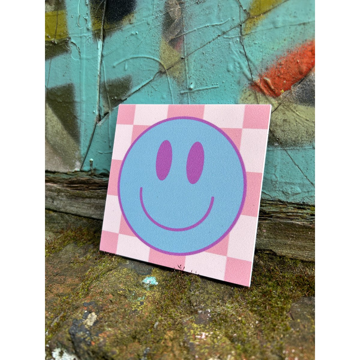 Forex tegeltje 10x10cm - Smiley blauw roze - #101030085