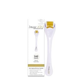 A white and yellow dermaroller tool with 540 micro-needles for skin care. The dermaroller is designed for at-home use to help improve skin texture and appearance.