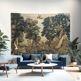 Vue sur la forêt et la rivière avec oiseaux paon Tenture murale | TRE009