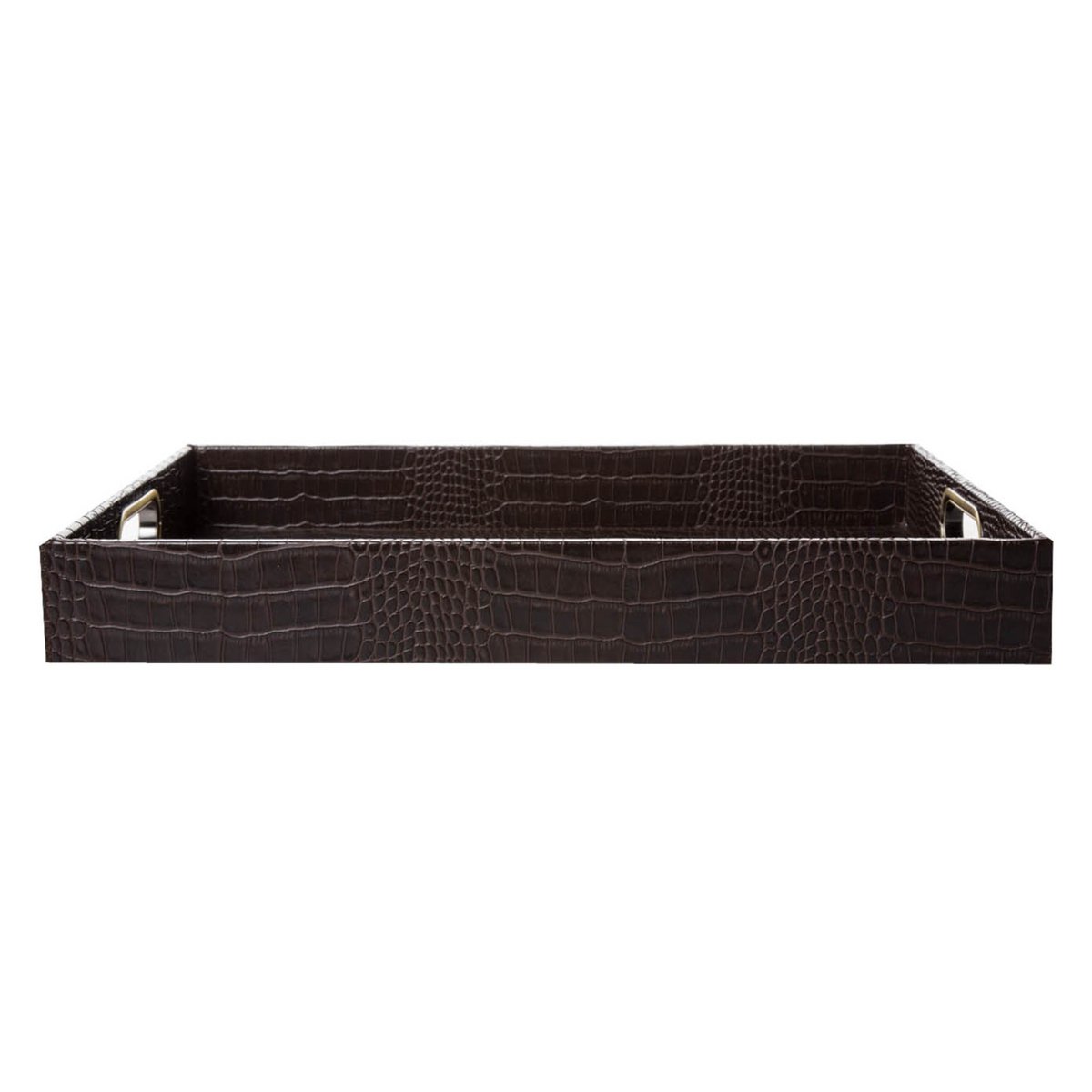 Plateau rectangulaire avec poignées en laiton crocodile marron foncé