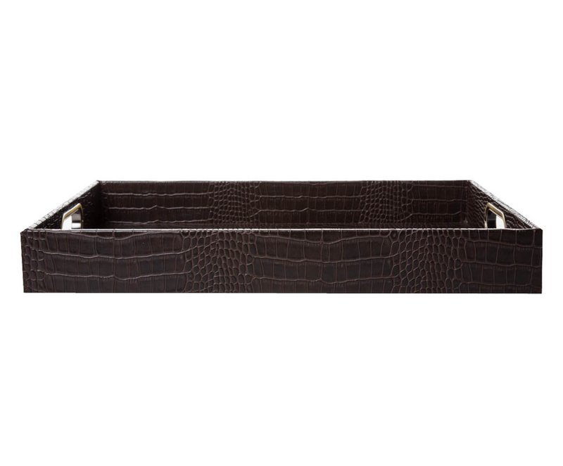 Plateau rectangulaire avec poignées en laiton crocodile marron foncé