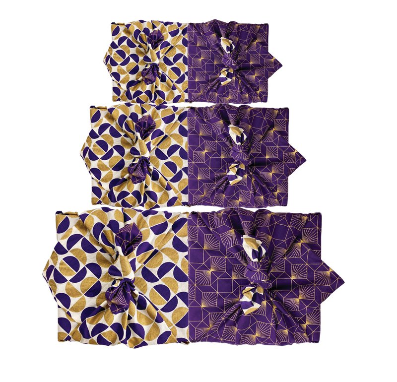 Confezione regalo Furoshiki Confezione regalo in tessuto con lune dorate e diamanti prugna - Doppia faccia (reversibile)