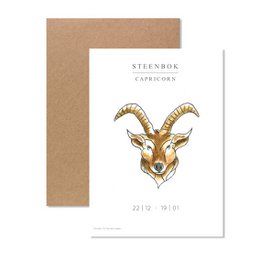 Greeting card featuring a detailed illustration of a Capricorn zodiac symbol, a goat with curved horns. The card has a neutral color palette and a minimalist design.