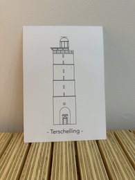 A5 print of the Brandaris lighthouse on the island of Terschelling. The image shows a simple line drawing of the tall, slender lighthouse structure.