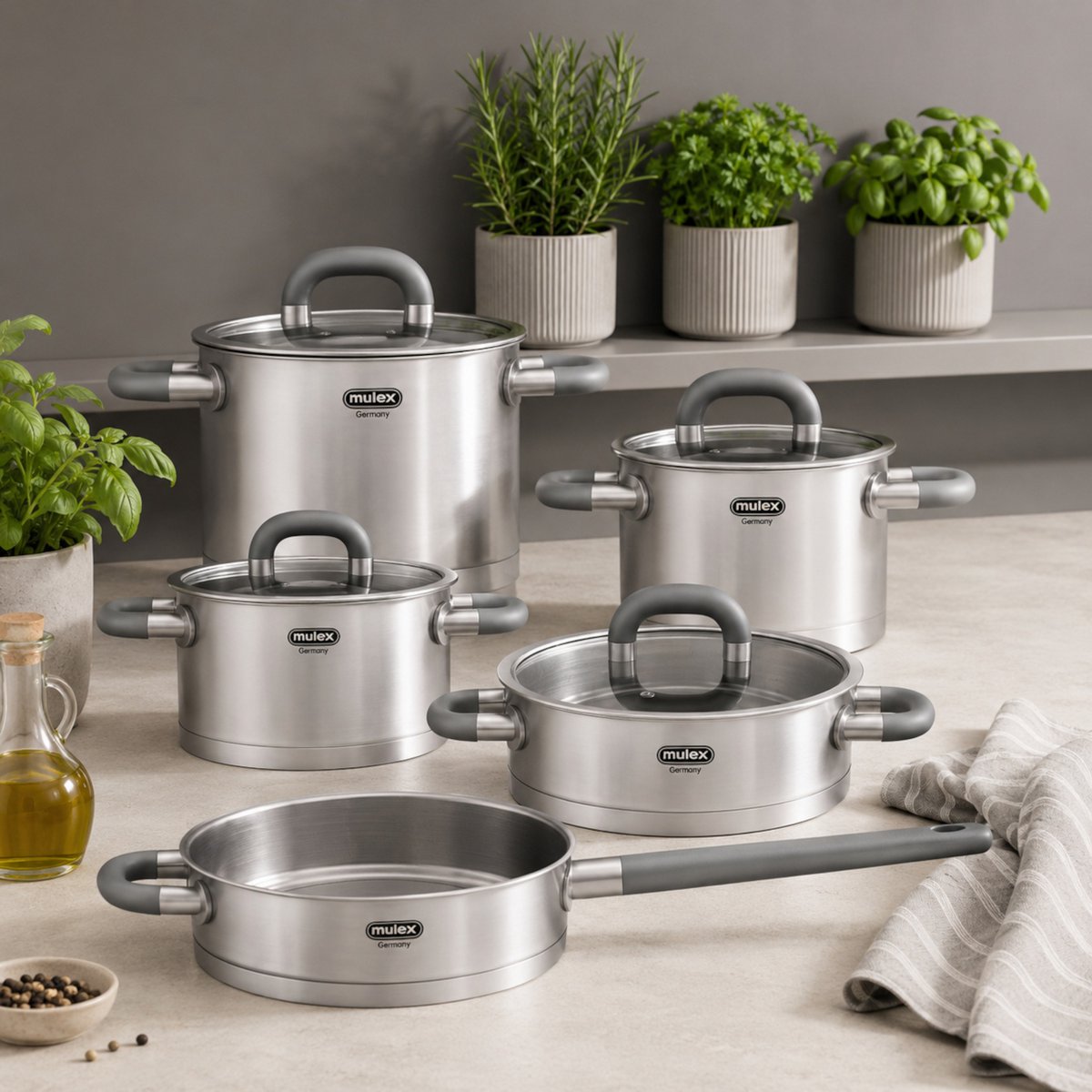 LUGANO Edelstahl Topfset 6tlg. + Stielpfanne 24 cm + Servierpfanne 24 cm